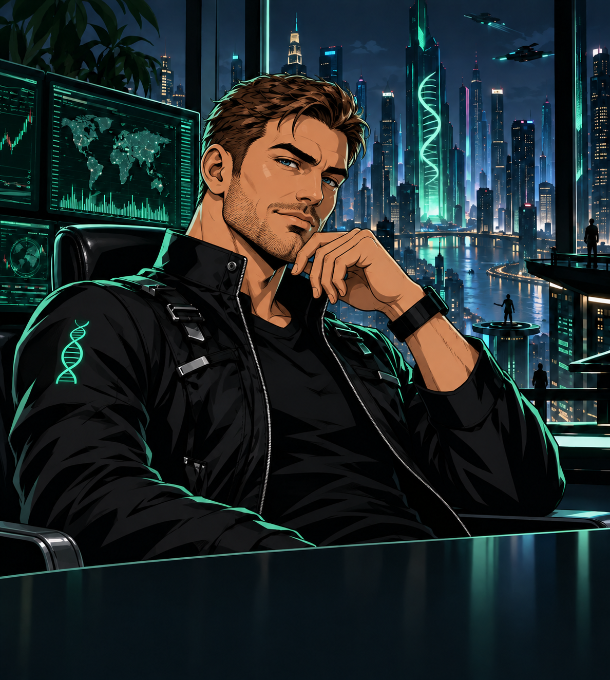 American comic-style investor in a neon financial city